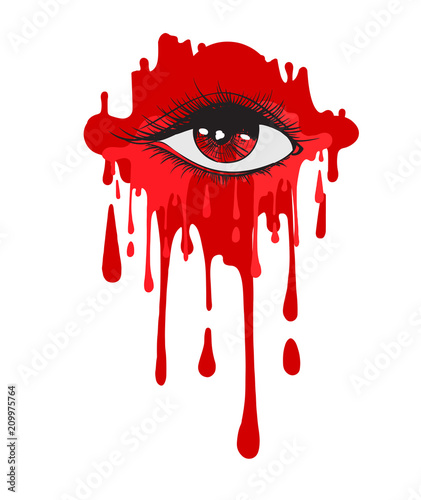 Vector beautiful illustration with a blood crying eye. Women's watery eyes. Eyes with blood flowing on isolated background.