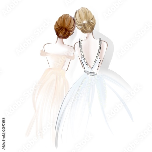 beautiful bride and maid of honor leaning to each other