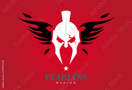 front view of winged warrior head combine with text . sparta helmet isolated on red background. Suitable for team identity, mascot, community icon, product identity, etc.