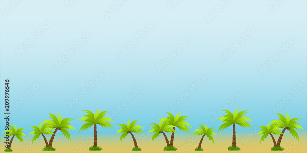 Beautiful textured vector background with palm trees and coconuts for postcard poster, banner, print, menu, packaging. Summer time, rest.