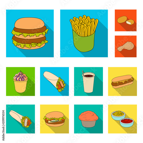 Fast food flat icons in set collection for design.Food from semi-finished products vector symbol stock web illustration.