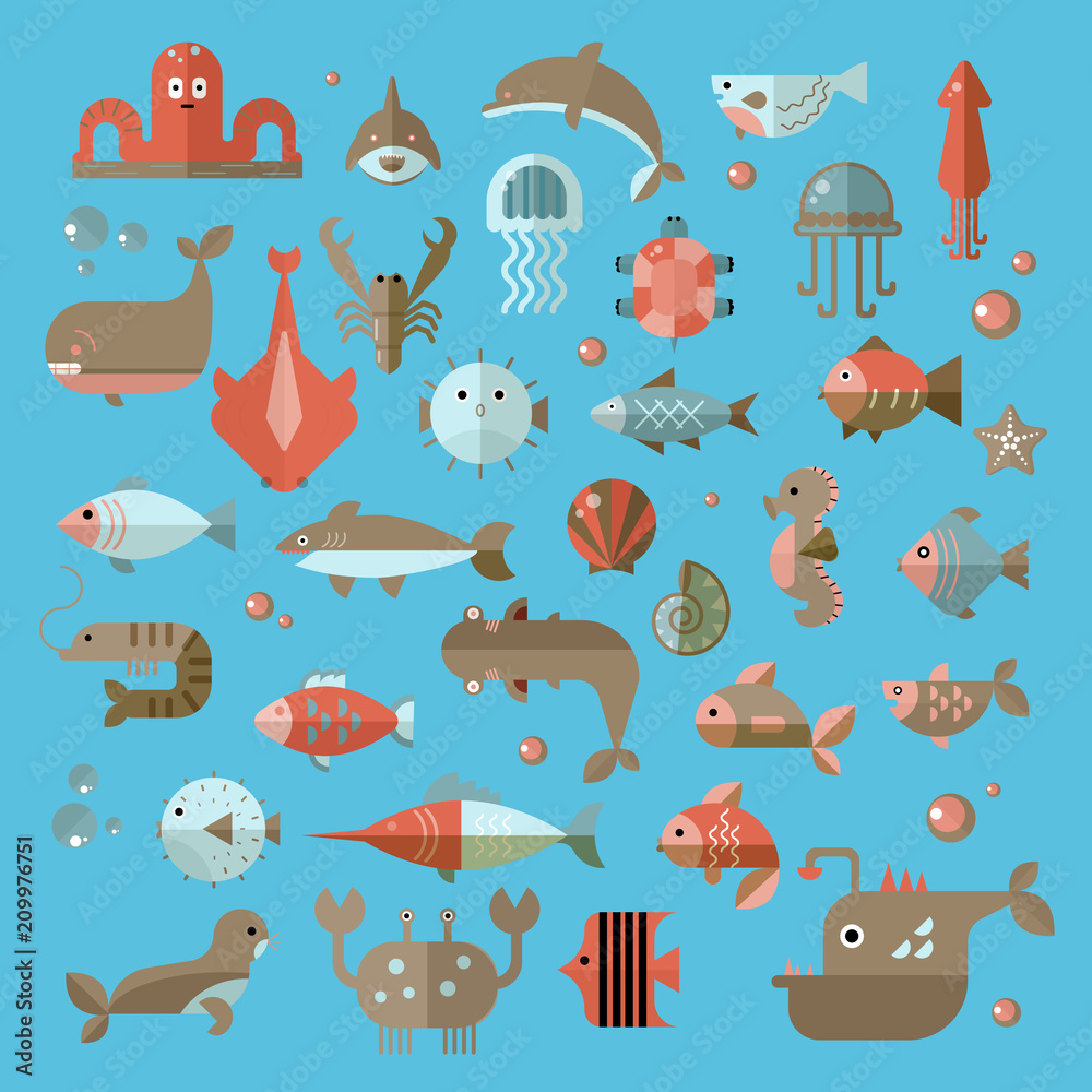 Obraz premium Zestaw elementów płaskich wektorów Sealife, roślin i zwierząt morskich - rekin, meduza, ośmiornica i inne. Kolekcja współczesnego podwodnego życia morskiego