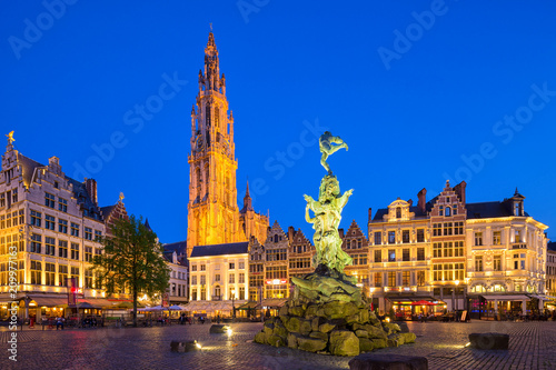 Famous fountain with Statue of Brabo in Grote Markt square in Antwerpen, Belgium.