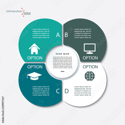 Infographic business template for project or presentation with four segments and circle. Vector illustration can be used for web design, workflow or graphic layout, diagram, education