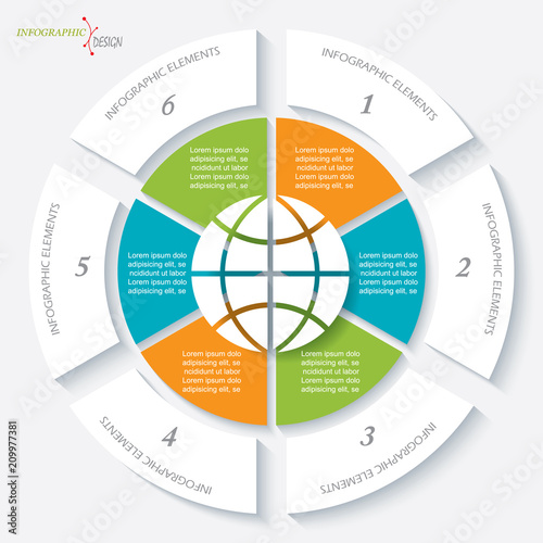 Infographic template for business project or presentation with globe and six segments. Vector illustration can be used for web design, workflow or graphic layout, diagram, education