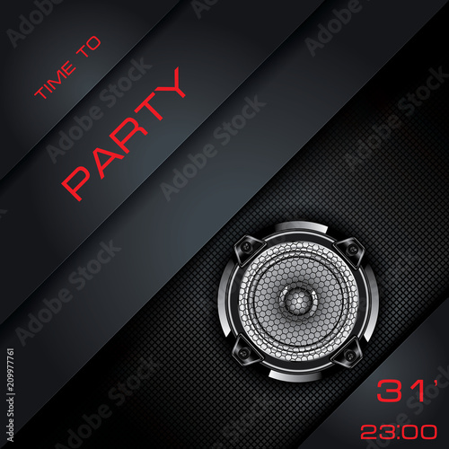 Audio speaker on abstract black background. Party time. Vector template design for invitation, poster, brochure, card