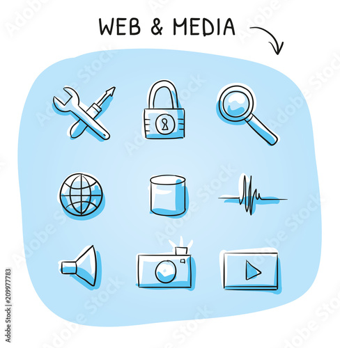 Set with different web icons, as tools, data block, media icons, tools, zoom and lock. Hand drawn cartoon sketch vector illustration, whiteboard marker style coloring.