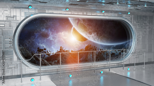 Fototapeta Naklejka Na Ścianę i Meble -  White tech spaceship round window interior background 3D rendering