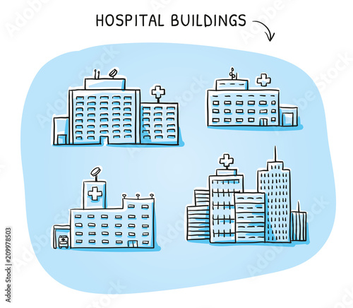 Set of different hospital buildings, medical center. Hand drawn cartoon sketch vector illustration, blue marker style coloring. 