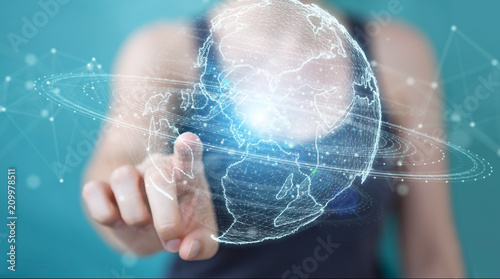 Businesswoman using globe network hologram with America Usa map 3D rendering