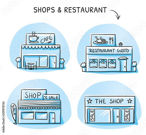 Set of different shop and restaurant buildings, cafe, store. Hand drawn cartoon sketch vector illustration, marker style coloring. 