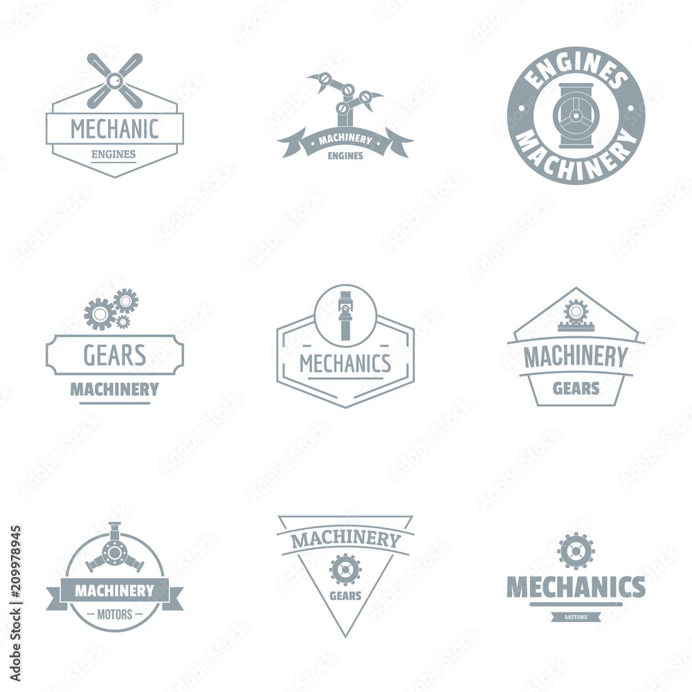 Mechanical gear logo set. Simple set of 9 mechanical gear vector logo for web isolated on white background Mechanical gear logo set. Simple set of 9 mechanical gear vector logo for web isolated on white background