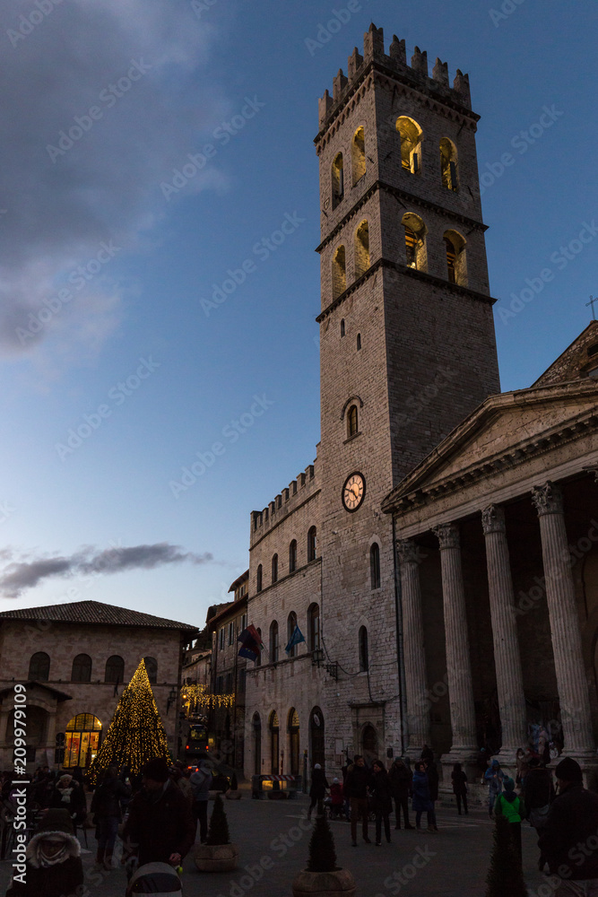 Piazza del Comune (Assisi, Umbria), during the Christmas time, w