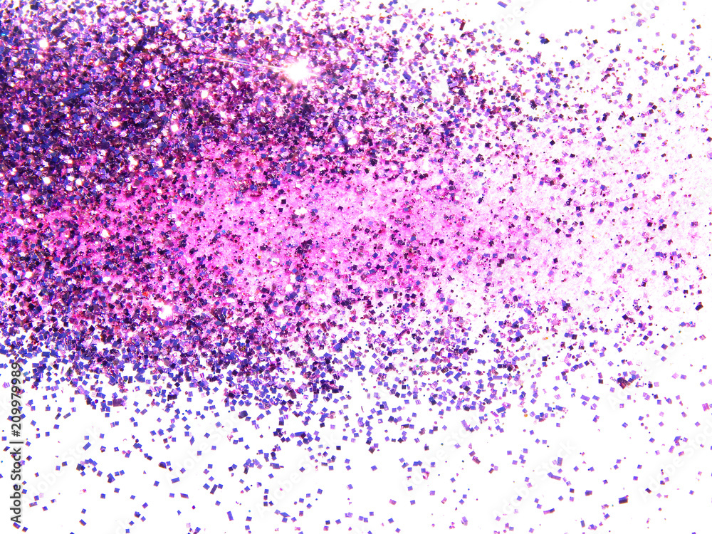 Purple glitter sparkles on white background. Can be used as place for text, for greeting or invitation cards, fashion magazines, web sites etc. Purple glitter sparkles on white background. Can be used as place for text, for greeting or invitation cards, fashion magazines, web sites etc.