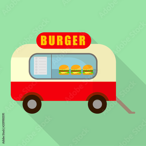 Street burger truck shop icon. Flat illustration of street burger truck shop vector icon for web design