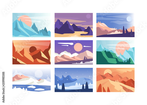 Mountain landscape set, scenes of nature in different time of year and day vector Illustration