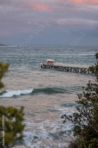 Stormy photo of a pier framed by trees in the foreground