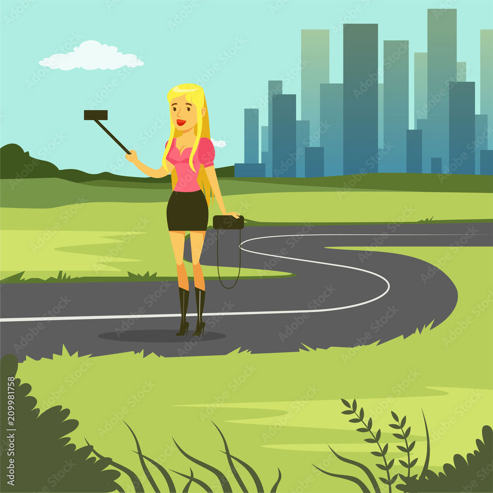 Girl taking selfie photo while walking on city street, flat vector illustration