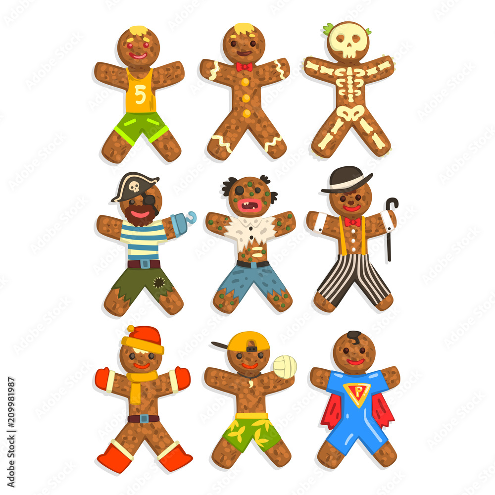 Obraz premium Gingerbread men wearing different costumes set, funny Christmas characters ector Illustration on a white background