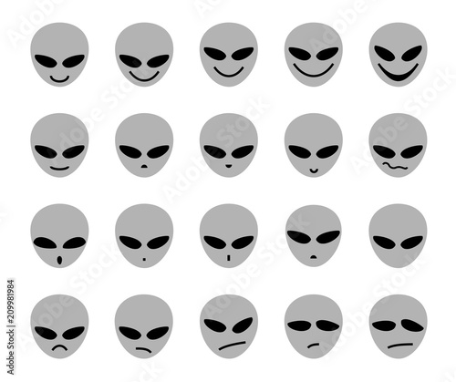 Alien, icon, different emotions, gray, vector. The face of an alien. Meme, icon. Vector pictures on white background. Gray faces with black eyes. 