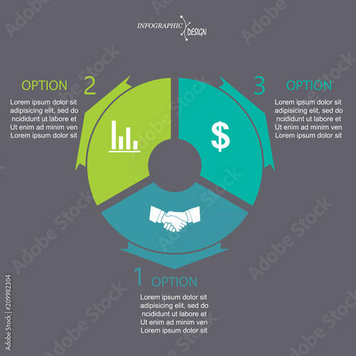Vector circle infographic with arrows and 3 options. Cycle diagram, graph, presentation chart. Design for business concept with circular parts, equal steps, processes, brochure, workflow