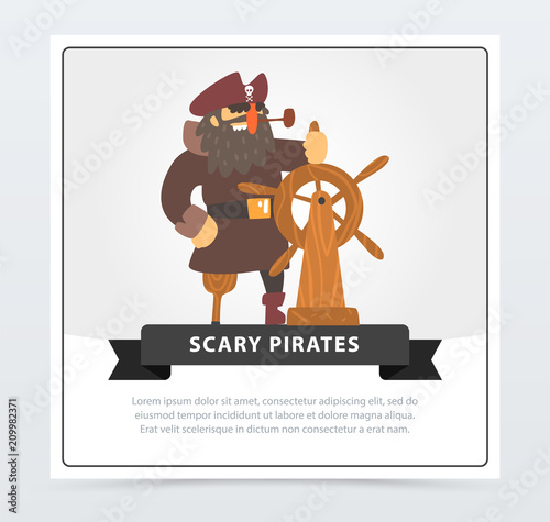 Pirate with eye patch at wheel, scary pirates banner, flat vector ilustration