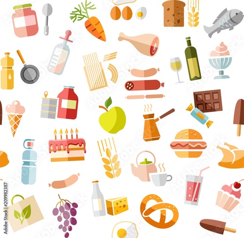 Food, seamless pattern, color, white, grocery, vector. Food and drinks, production and sale. Vector, seamless background. Colored flat icons on white field. 
