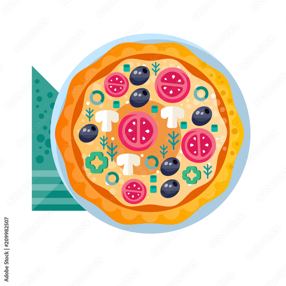 Whole hot delicious vegetarian pizza with tomatoes, mushrooms, olives and green pepper vector Illustration on a white background