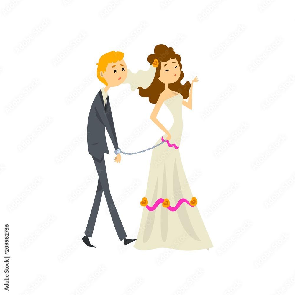 Bride leading her henpecked groom on a leash, couple of newlyweds cartoon vector Illustration on a white background Bride leading her henpecked groom on a leash, couple of newlyweds cartoon vector Illustration on a white background