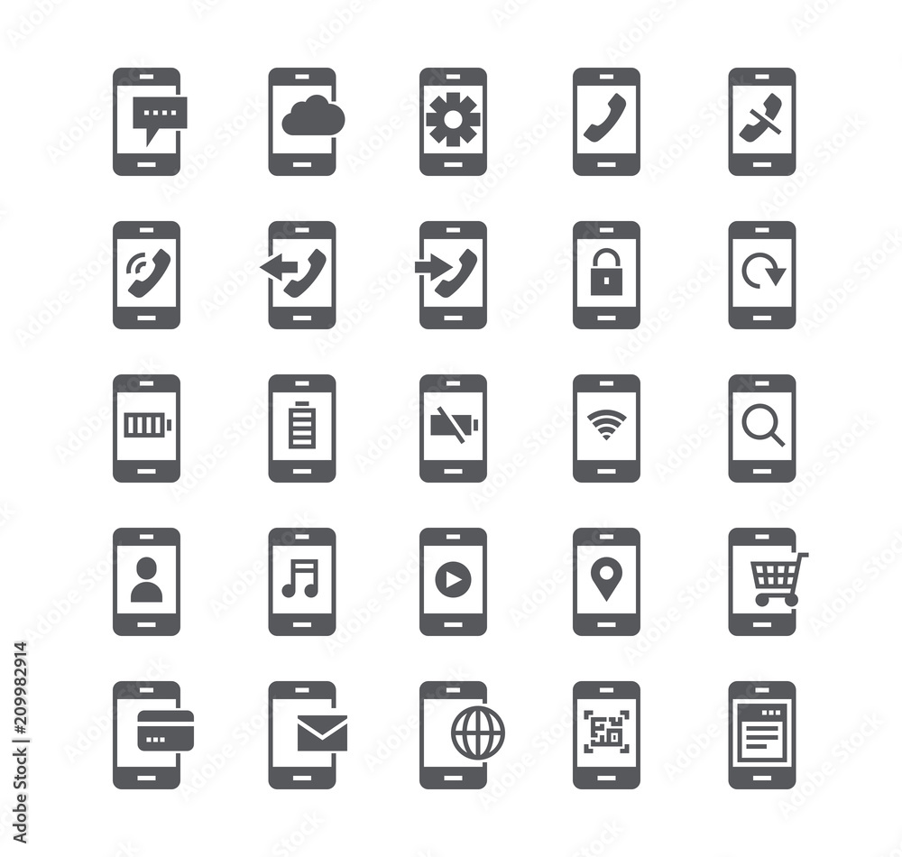 Simple flat high quality vector icon set,Smartphones in various situations, phone calls, rejection, safety, multimedia, battery, voip and more.48x48 Pixel Perfect.