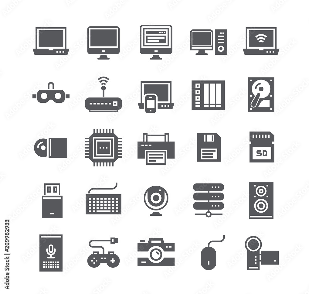 Simple flat high quality vector icon set,Tech computer and various device laptops, routers, voice secretaries, cameras and more.48x48 Pixel Perfect.