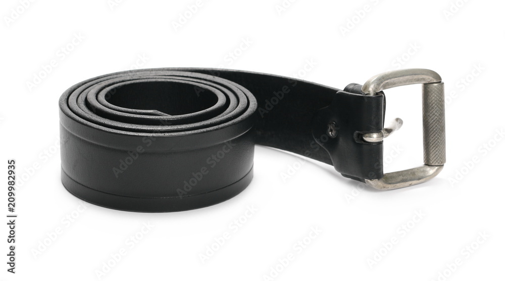 Black leather belt, strap with metal buckle isolated on white background Black leather belt, strap with metal buckle isolated on white background