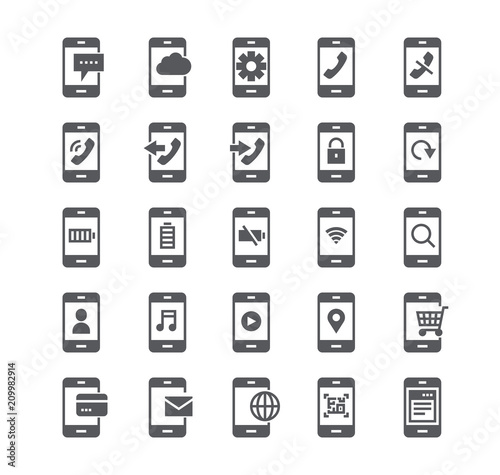 Simple flat high quality vector icon set,Smartphones in various situations, phone calls, rejection, safety, multimedia, battery, voip and more.48x48 Pixel Perfect.