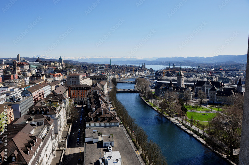 Panoramic view of the westend of Zürich-City with the Limmat-River from Mariott Hotel