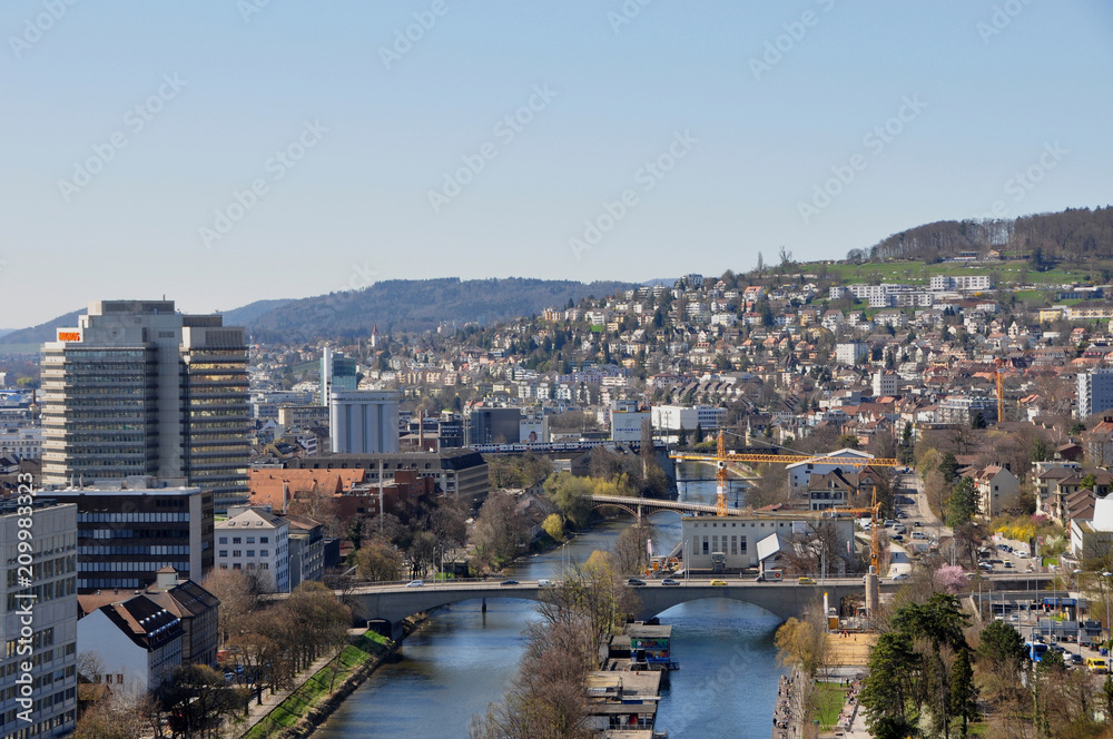 Switzerland: Panoramic view to the westend of Zürich-City and the Limmat-River from Mariott Hotel