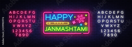 Happy Janmashtami vector greeting card neon. Modern trend design vector template. Greeting card for Krishna's birthday. Indian community festival Krishna Janmashtami. Editing text neon sign