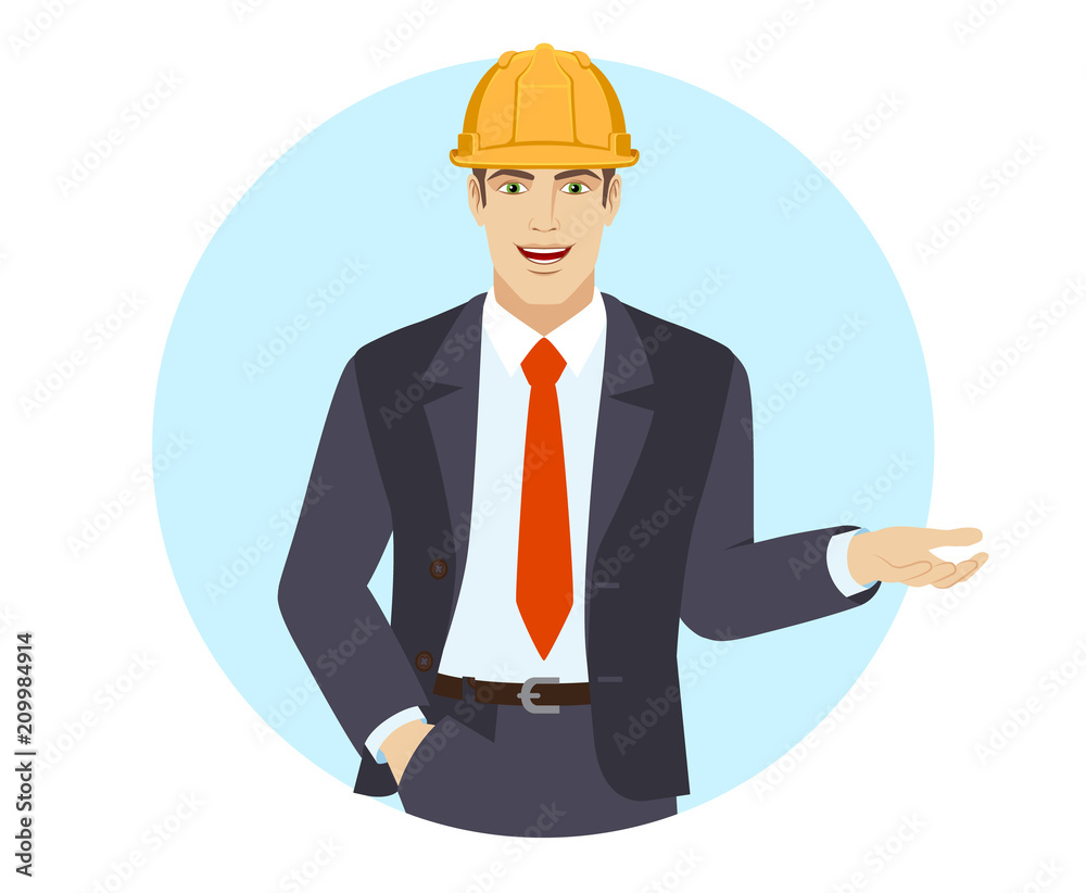 Businessman in construction helmet with hand in pocket gesticulating Businessman in construction helmet with hand in pocket gesticulating