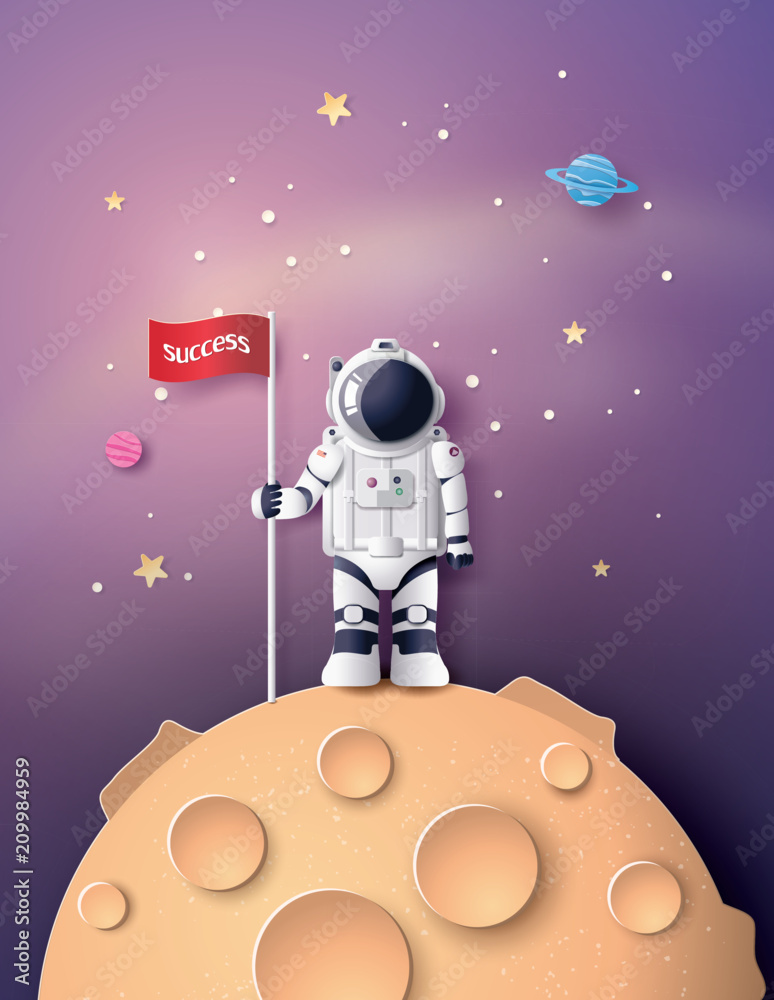 Obraz premium Astronauta z flagą na Księżycu