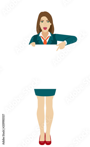 Businesswoman holding white blank poster and pointing at banner over white