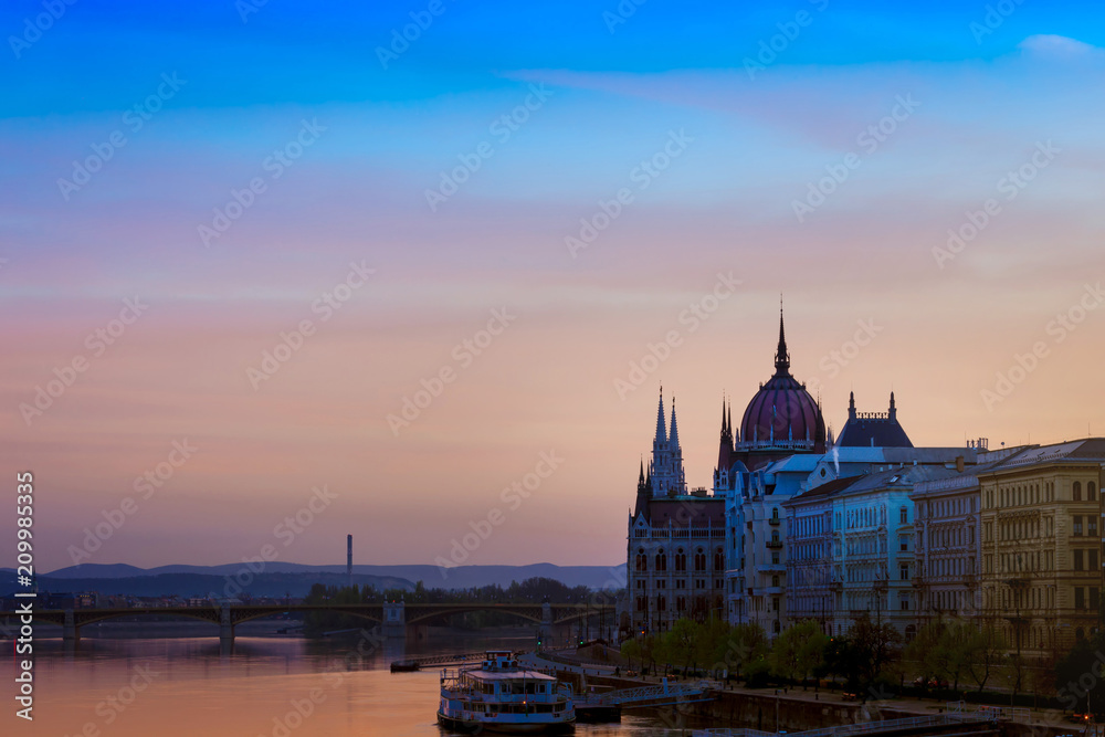 Famous place in Budapest with View Twilight in the morning at Hungarian Parliament Building , Budapest, Hungary,travel concept