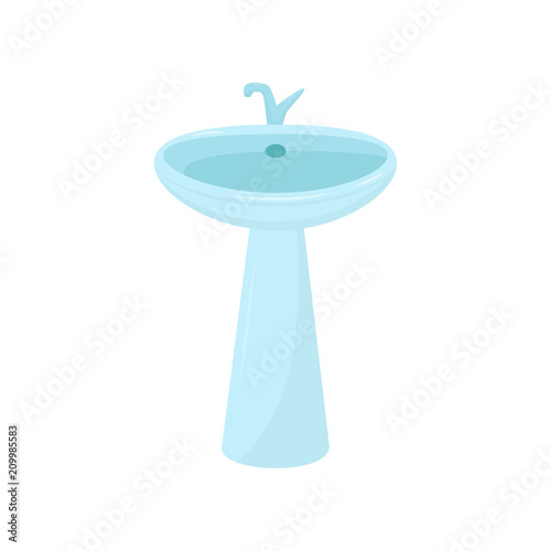 Blue ceramic sink with water crane. Bathroom equipment. Flat vector element for advertising poster or banner of plumbing supply store