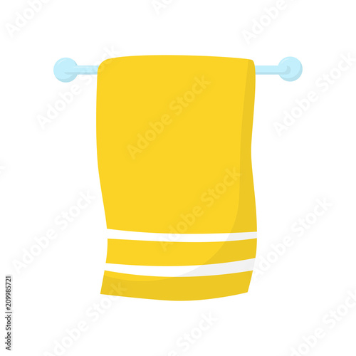 Bright yellow towel with white stripes hanging on blue horizontal wall-mount holder. Flat vector icon of bathroom accessory