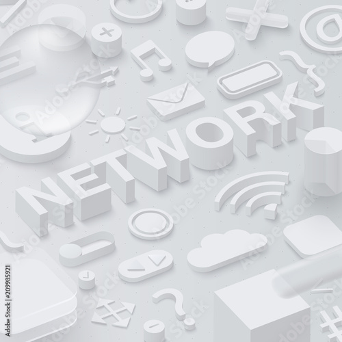 Grey 3d network background with ui web symbols.