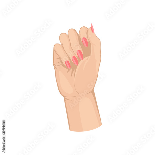 Woman s hand showing fresh manicure. Bright pink fingernails. Flat vector element for advertising poster or flyer of beauty salon