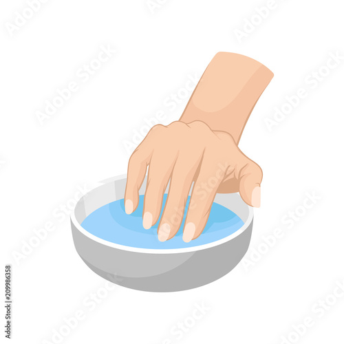 Woman s hand in bowl with water. Illustration about professional care for nails. Flat vector for advertising poster of spa treatment