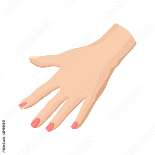 Flat vector icon of woman s hand with bright pink fingernails. Fresh manicure. Element for poster or flyer of spa or beauty club