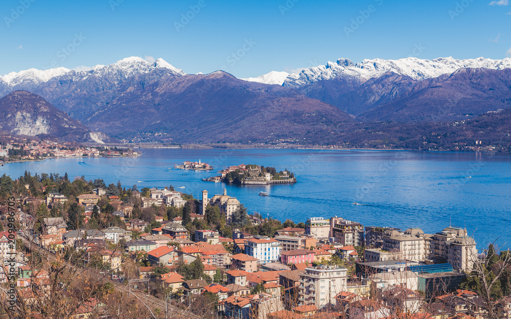 The panoramic view of city Stresa and Lago Magorre in sanny weather