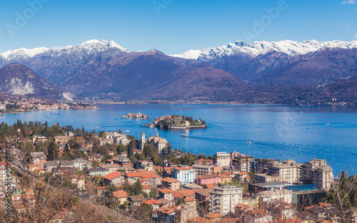 The panoramic view of city Stresa and Lago Magorre in sanny weather