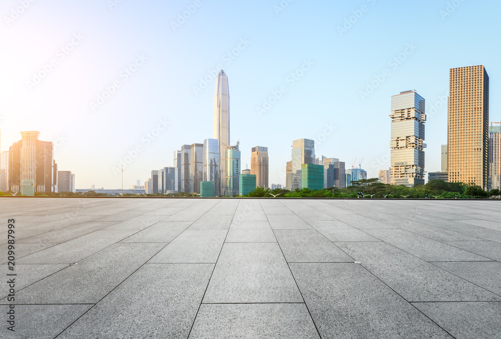 empty square floor and modern city skyline in Shenzhen,China empty square floor and modern city skyline in Shenzhen,China