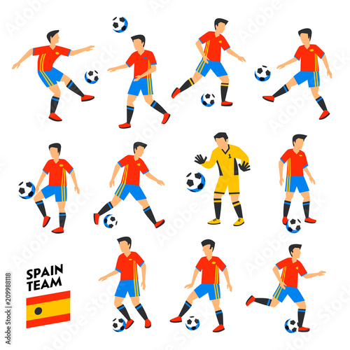 Spain football team. Spain soccer players. Full Football team, 11 players. Spanish Soccer players on different positions playing football. Colorful flat style illustration. Football cup.